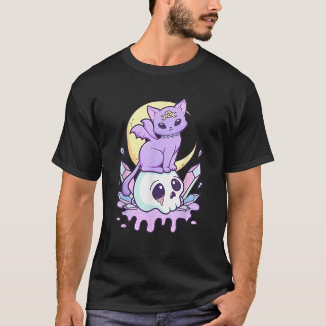 T-shirt Kawaii Pastel Goth Cute Scary Witchy Cat and Skull (Devant)