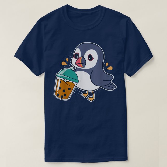 T-shirt Kawaii Puffin Oiseau Boire Boba - Bubble Tea (Design devant)