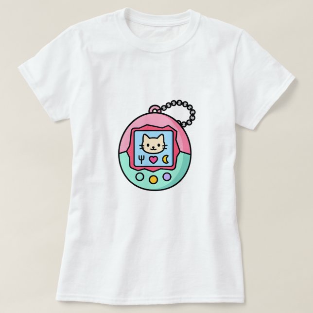 T-shirt Kawaii Retro Virtual Pet – Pastel Cat Screen  (Design devant)