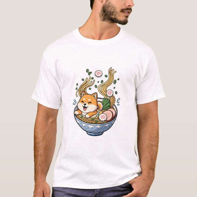 T-shirt Kawaii Shiba Inu Puppy Bathing in Japanese Ramen N (Devant)