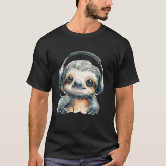 T-shirt Kawaii Sloth Headphones Animal Sketch Music Lover