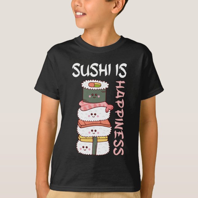 T-shirt Kawaii Sushi Happy Anime Cute Japonaise Nourriture (Devant)