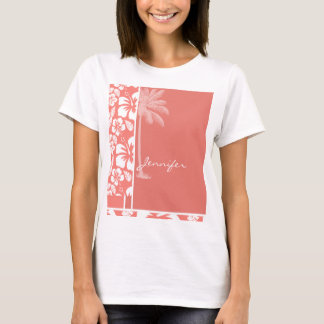 T-shirt Ketmie tropicale rose de corail ; Paume d'été