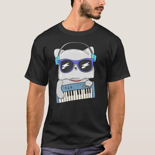 T-shirt Keyboard Playing Cat Funny Kitty Musician Fun (Devant)