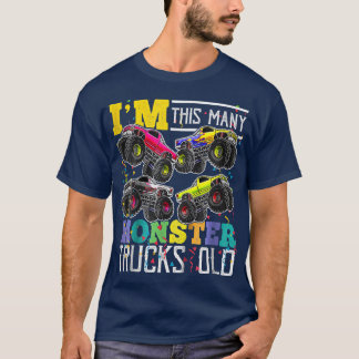 T-shirt Kids I'm This Many Monster Trucks Old 4th Birthday