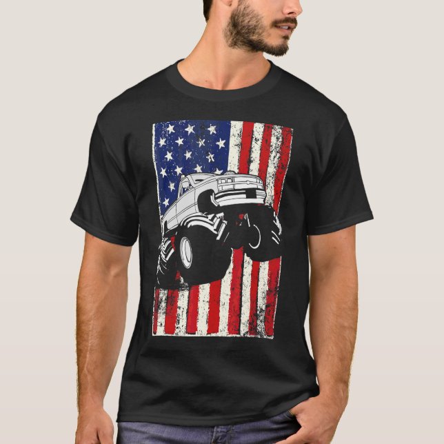 T-shirt Kids Monster Truck American Flag Racing Usa Patrio (Devant)