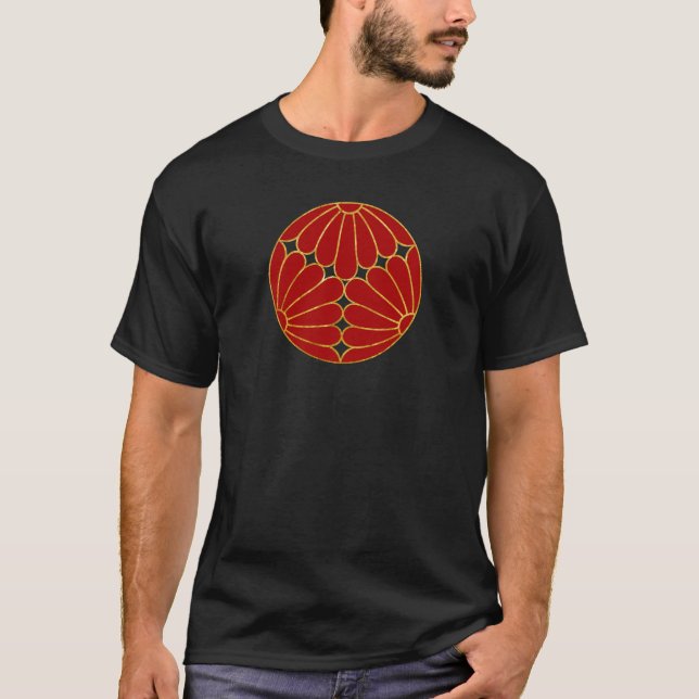 T-shirt Kiku Chrysanthemum Mon faux or rouge en noir (Devant)
