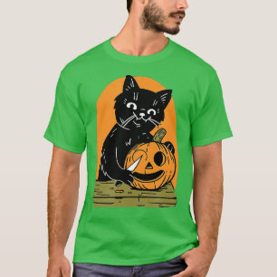 T-shirt Killer Halloween Scary Black Cat With Knife Pumpki