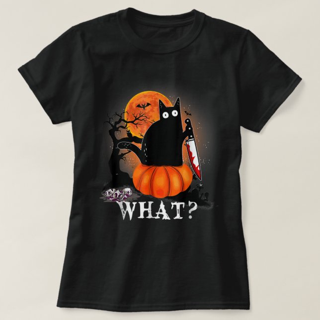 T-shirt Killer Halloween Scary Moon Black Cat With Knife P (Design devant)