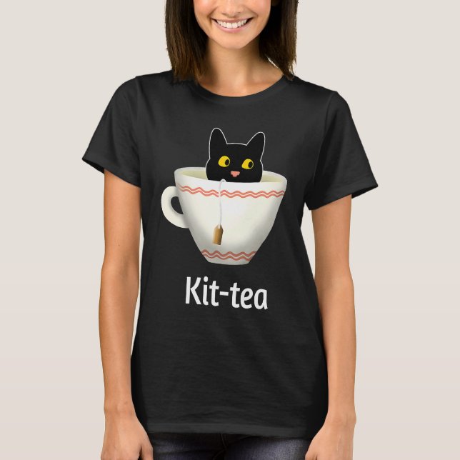 T-shirt Kit Tea  Cat  , Cute Black Cat Kitty in Kittea (Devant)