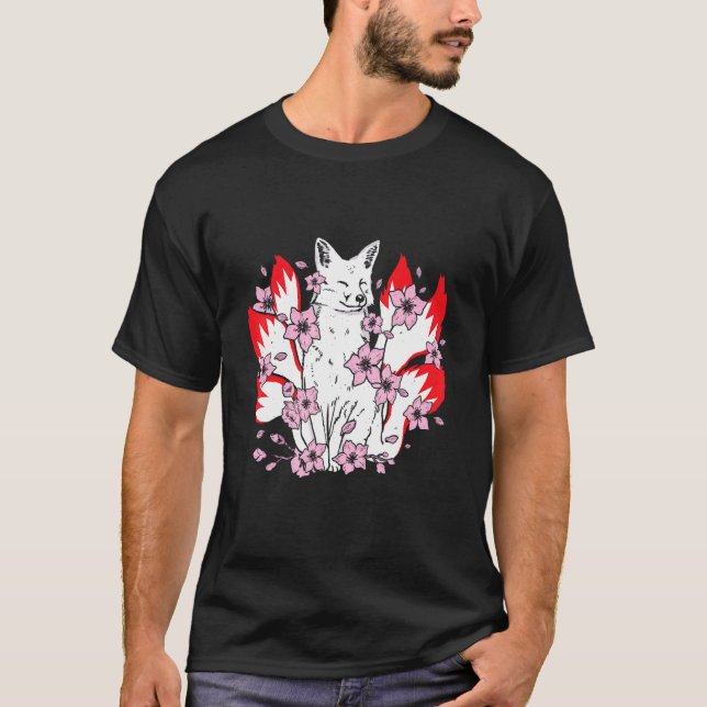 T-shirt Kitsune fox with japanese kitsune and cherry bloss (Devant)