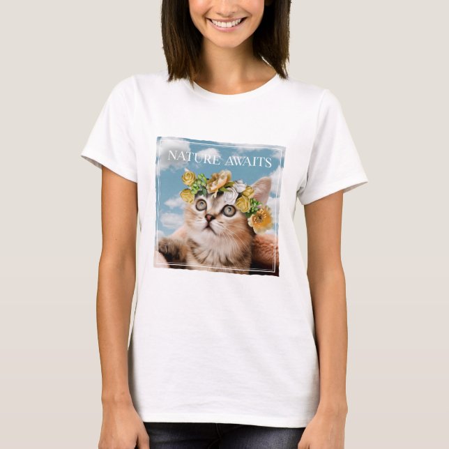 T-shirt Kitten à la nature florale de la Couronne attend (Devant)