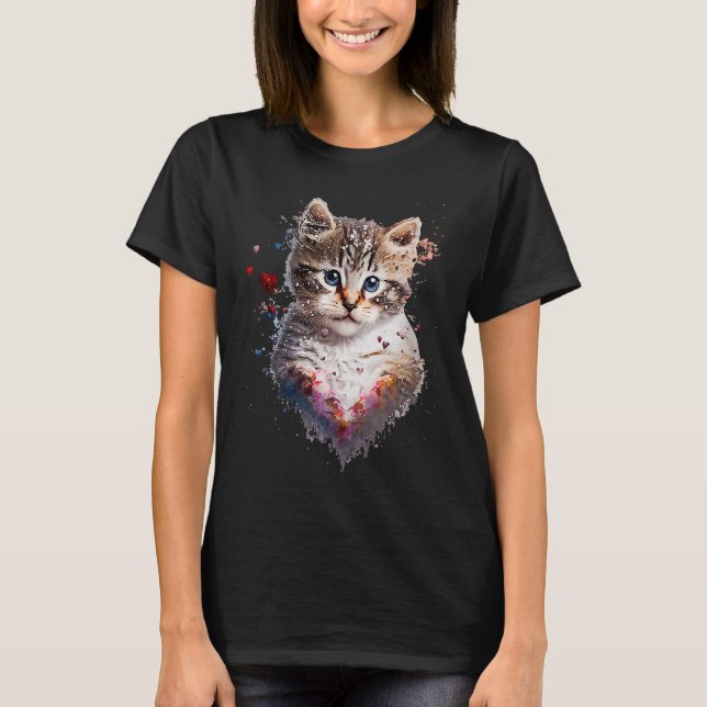 T-shirt Kitten Aquarelle Peinture Chat Maman Saint Valenti (Devant)