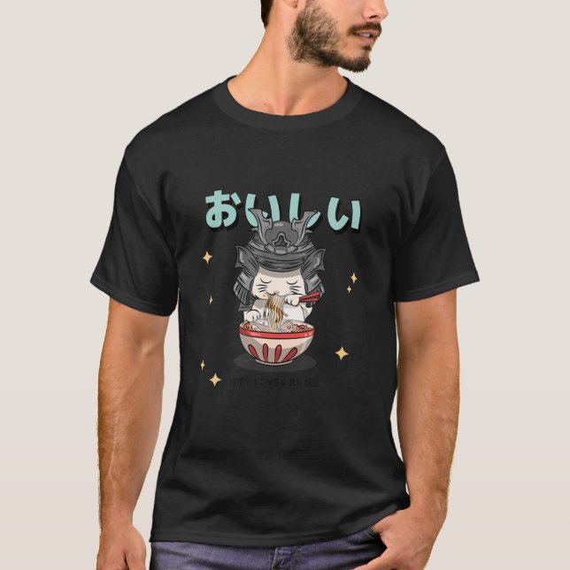 T-shirt Kitten Avec Casque Samurai Manger Ramen Japonais (Devant)