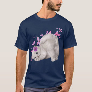 T-shirt Kitten blanc bouffant entouré de fleurs roses et