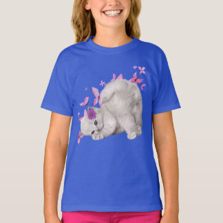 T-shirt Kitten blanc bouffant entouré de fleurs roses et