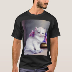T-shirt Kitten blanc vintage aux fleurs roses et violettes