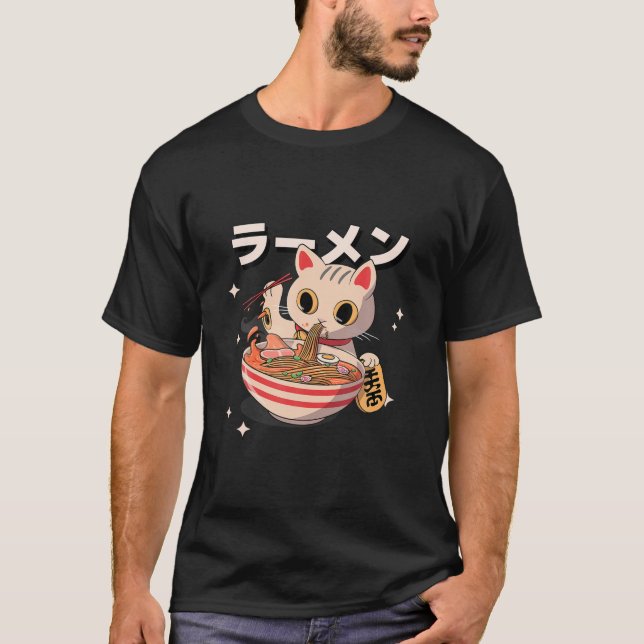 T-shirt Kitten Manger Ramen japonais mignon Kawaii Anime. (Devant)