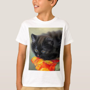 T-shirt Kitten noir vintage avec couverture de fleurs roug