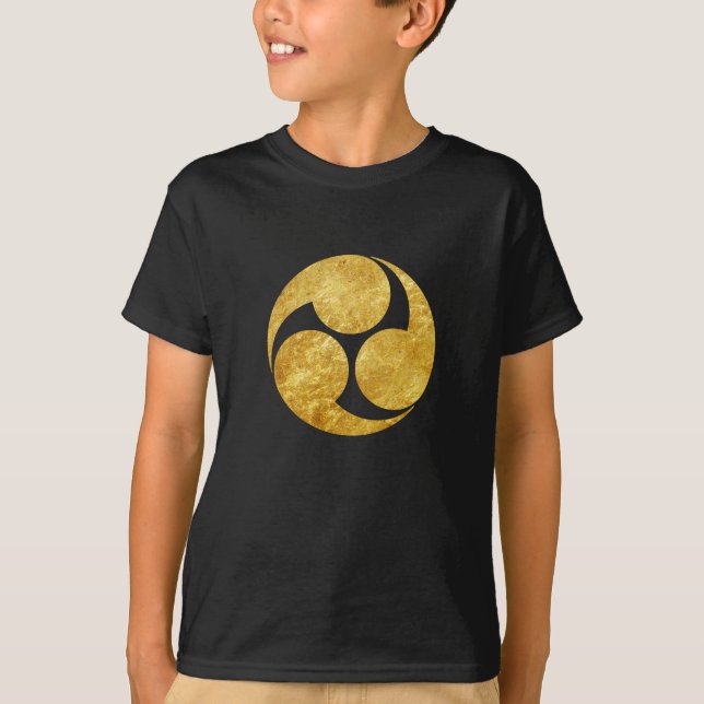 T-shirt Kobayakawa Mon clan japonais faux or sur noir (Devant)
