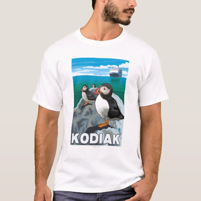 T-shirt Kodiak, AlaskaPuffins et bateau de croisière (Devant)