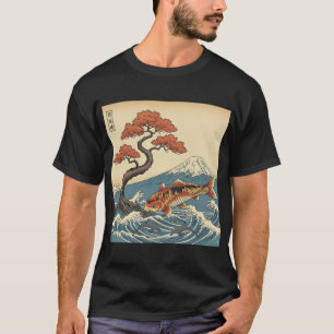 T-shirt Koi poisson Océan avec dauphins et montagne Japona