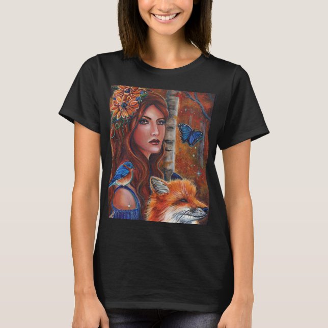 T-shirt La déesse "Rhiannon" à l'oiseau par Renée Lavoie (Devant)