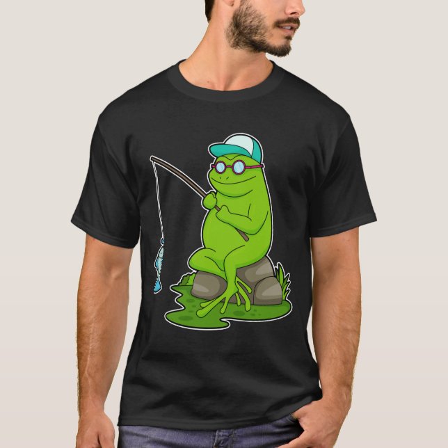T-shirt La grenouille comme pêcheur avec la canne à pêche  (Devant)