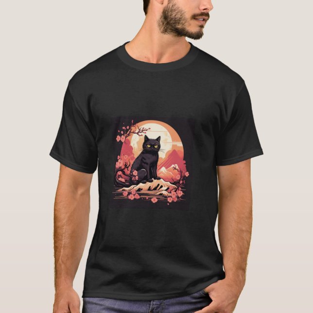 T-shirt La lune de chats noir Sakura de minuit et les fleu (Devant)