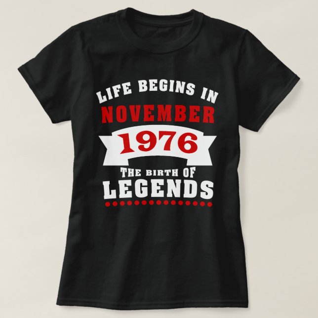T-shirt La vie commence l'anniversaire en novembre 1976 (Design devant)