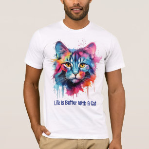 T-shirt La vie est meilleure avec un chat. Chat coloré mig
