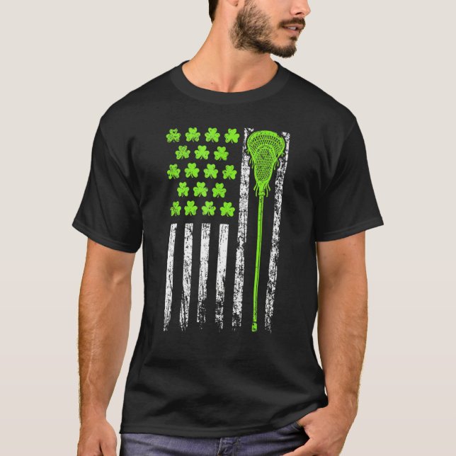 T-shirt Lacrosse American Flag St Patrick Day For Men Boy  (Devant)