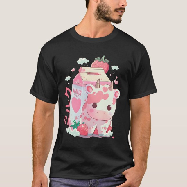 T-shirt Lait de fraise Lait de sabot Vache Carton Cute Kaw (Devant)
