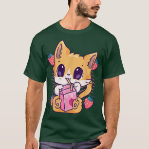 T-shirt Lait fraise Chat Cute Kawaii Kitten Anime Neko