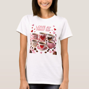 T-shirt L'amour au premier verre Cinq tasses à café Motif 