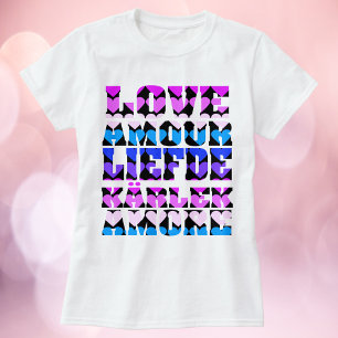 T-shirt L'amour dans plusieurs langues Coeurs rose violet 