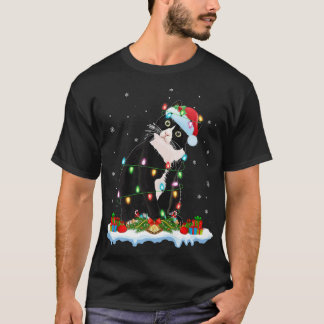 T-shirt L'Amoureux des chats noir Xmas Lights Père Noël Bl