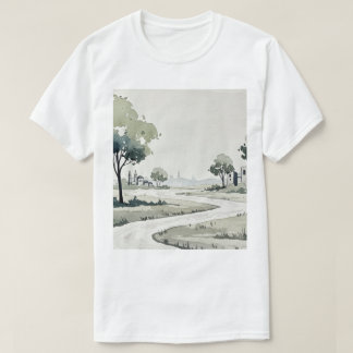 T-shirt landscape of hills with small houses