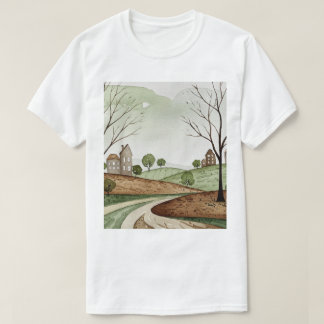 T-shirt landscape of hills with small houses