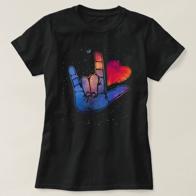 T-shirt Langue des Signes Américaine ASL Je vous aime dans (Design devant)