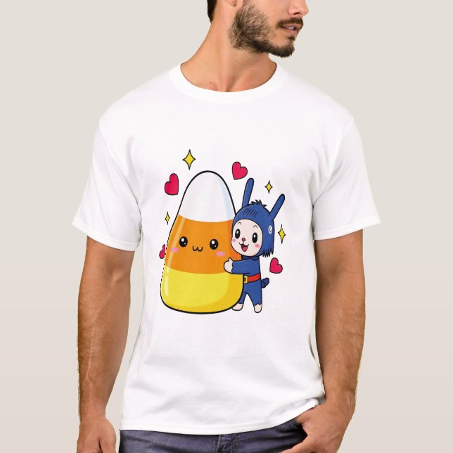 T-shirt Lapin Mignon Câlinant des Bonbons de Maïs (Devant)