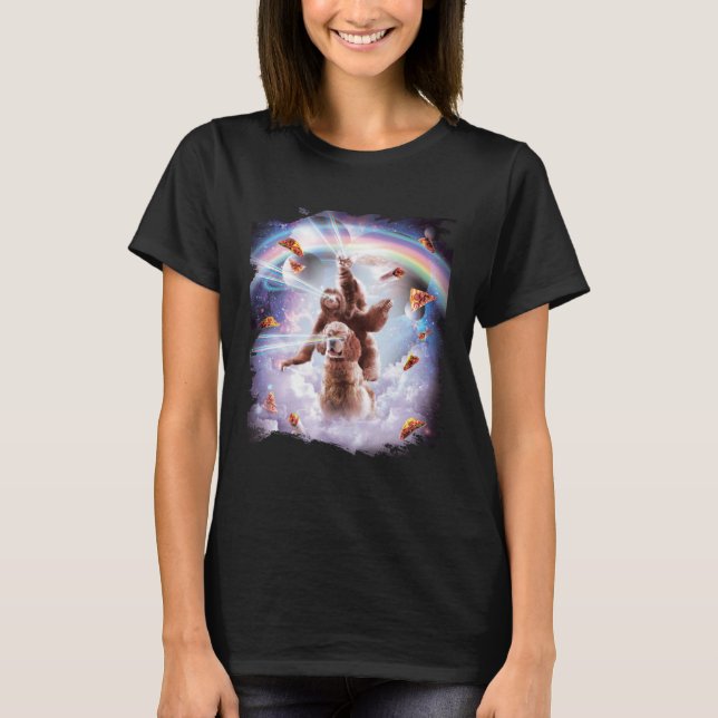 T-shirt Laser Eyes Space Cat Riding Sloth, Dog Rainbow (Devant)