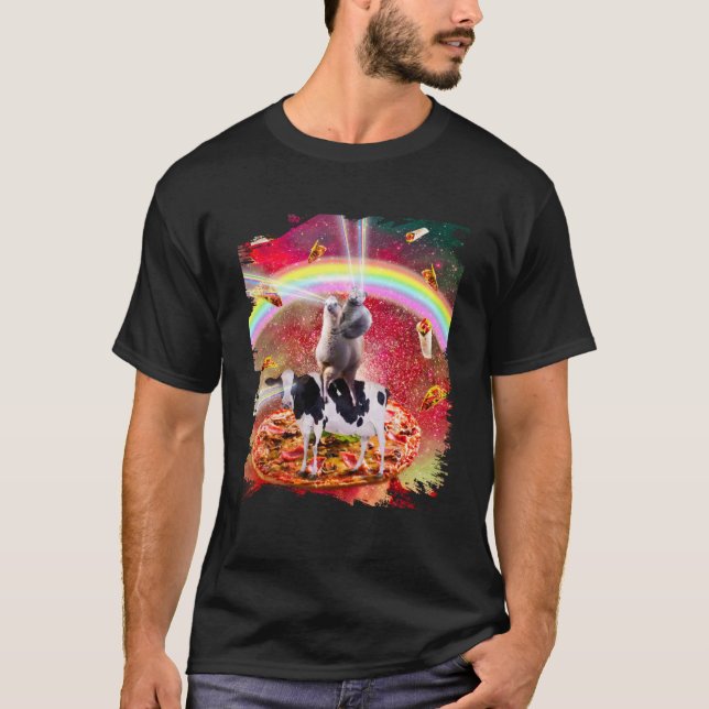 T-shirt Laser Eyes Space Cat Sur Llama Cow - Rainbow Pullo (Devant)