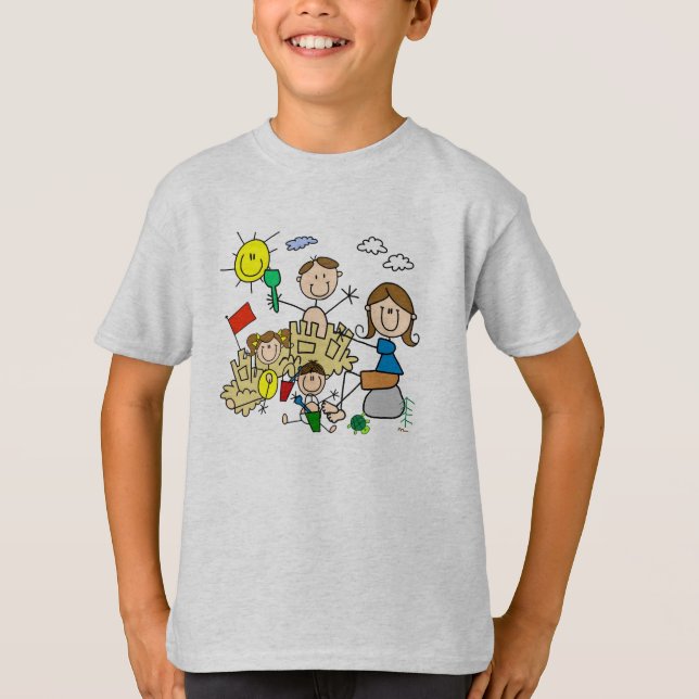 T-shirt Le bâton figure l'amusement de plage de famille (Devant)