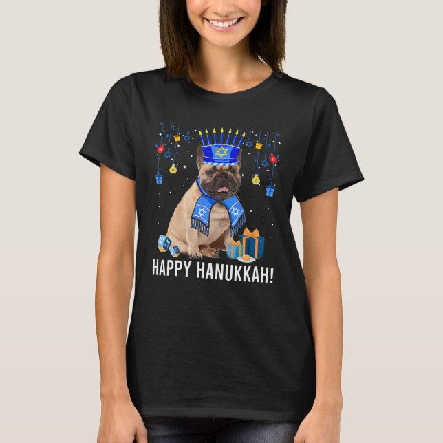 T-shirt Le Casquette de Noël de Bulldog Menorah, joyeux Ha (Devant)