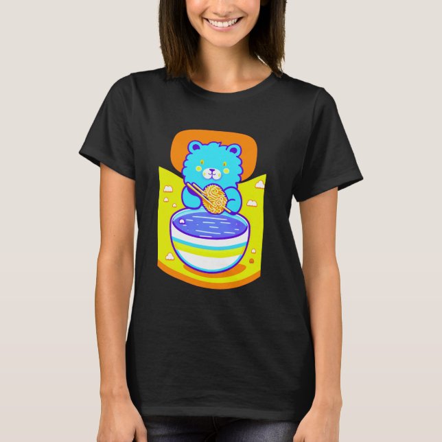 T-shirt Le Lion Bleu Mignonne Appréciant Les Nouilles De R (Devant)