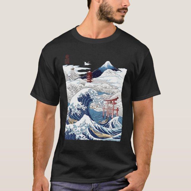 T-shirt Le Mont Fuji La Grande Vague Tsunami Japonais Kana (Devant)