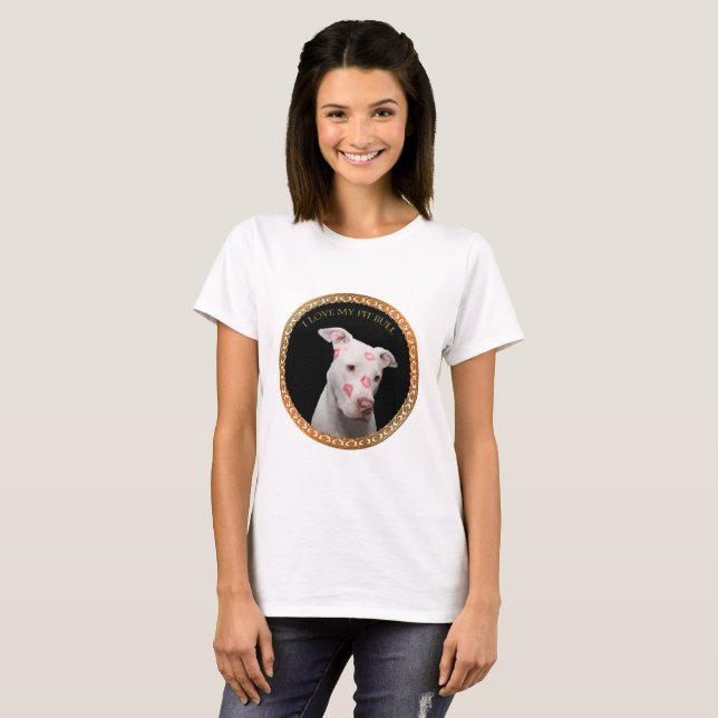 T-shirt Le pitbull blanc avec le rouge embrasse partout (Devant entier)