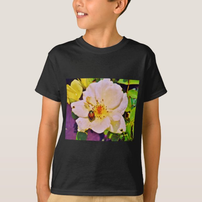 T-shirt Le scarabée japonais sur la rose blanche (Devant)