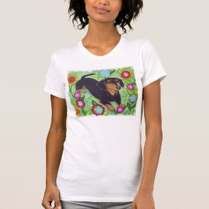 T-shirt Le teckel heureux dans le jardin fleurit le